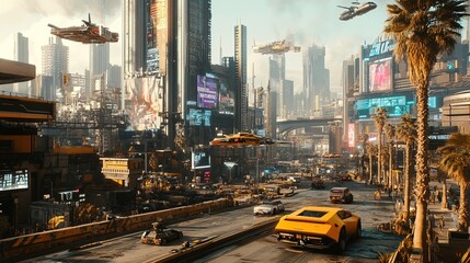Obraz premium Futuristic cityscape with flying cars, holographic billboards, and neon-lit skyscrapers, cyberpunk aesthetic