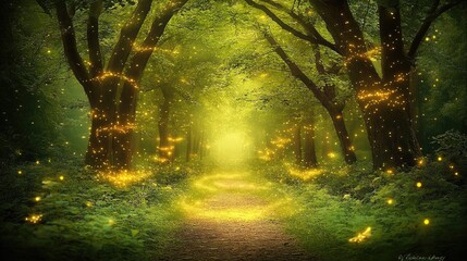 Obraz premium Enchanting Firefly Lit Forest Path Beckons Adventurers