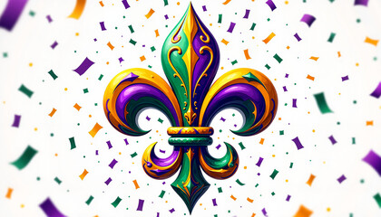 Colorful Illustration of a Stylized Lily Decorated with Mardi Gras Patterns and Surrounded by Confetti, Bold and Festive