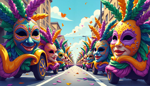 Colorful Scene of a Mardi Gras Parade Illustrated with Bold Shapes and Ribbons