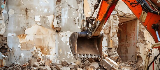 A heavy machinery bucket poised for demolition against a crumbling wall.