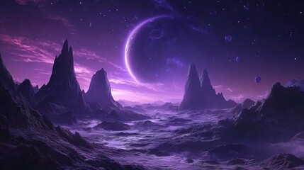 Fototapeta premium Alien planet with multiple moons and purple skies, barren and breathtaking extraterrestrial landscape