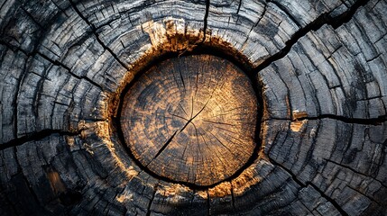 Close-up of a tree stump cross-section, revealing concentric rings and cracks.
