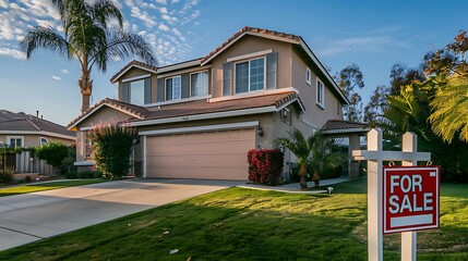 A house for sale with a sign in front, showcasing its architecture and landscaping.