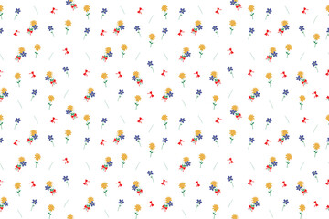 Seamless floral pattern, liberty ditsy print | White daisy flowers | Yellow Groovy flower | Design for pillow, blanket, rug, carpet, fabric, fashion, clothing, wallpaper, accessory