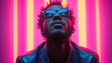 Close-up portrait of a stylish young man with sunglasses, eyes closed, against a vibrant pink and yellow neon light background.