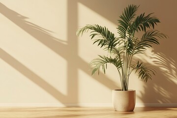 Obraz premium Sun-drenched interior corner with palm plant, evoking calm and serenity.