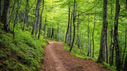Obraz premium Serene forest path winding through lush greenery.
