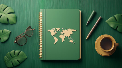 green notebook with world map design, surrounded by glasses, pens, coffee cup, and tropical leaves, creating serene workspace atmosphere