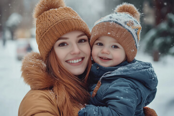 Portrait of smiling red hair young woman with her baby, dressed in warm clothes, in snowy winter weather
