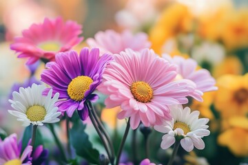 Obraz premium A vibrant floral arrangement of pastel dahlias creates a beautiful spring backdrop.