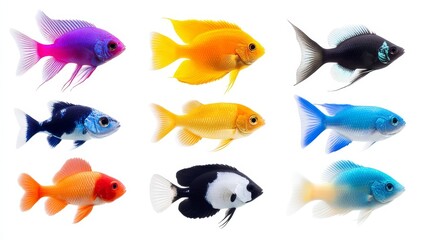 Naklejka premium Vibrant Tropical Fish Collection - Colorful aquarium fish, diverse species, bright hues, underwater scene, aquatic life.