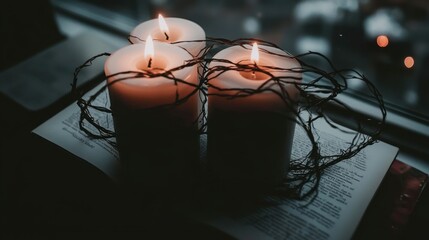Candles on a book with decorative twigs.