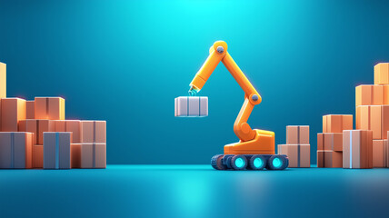 robotic arm lifts box in modern warehouse setting, showcasing automation and efficiency. vibrant colors and sleek design highlight future of logistics and technology