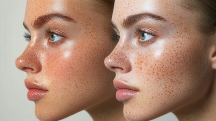 Obraz premium a side-by-side comparison of skin before and after treatment for pigmentation, showcasing clear, glowing, and even-toned skin. 