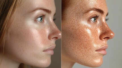 Obraz premium a side-by-side comparison of skin before and after treatment for pigmentation, showcasing clear, glowing, and even-toned skin. 