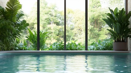 Fototapeta premium A serene indoor pool surrounded by lush greenery and natural light.