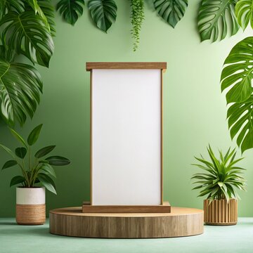 Pr&eacute;sentation &eacute;cologique : Podium naturel sur fond vert agr&eacute;ment&eacute; de feuilles, id&eacute;al pour promouvoir de nouveaux produits.