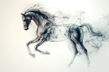Stylized grey horse in motion surrounded by flowing smoke on a light background
