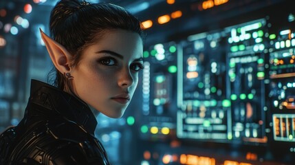 Cyberpunk Elf Hacker Girl, Futuristic Portrait Photography