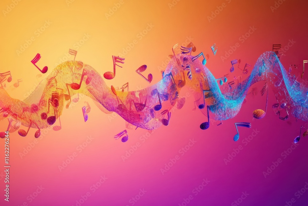 Poster Dynamic 3D music notes flowing elegantly over a vibrant background with rich colors and fluid motion. Generative AI