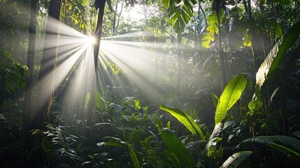 Fototapeta premium Sunbeams Illuminate Lush Tropical Rainforest Canopy