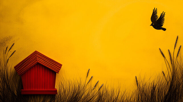 vibrant yellow background features rustic red birdhouse beside tall grass, with silhouette of bird flying above, creating serene and cheerful atmosphere