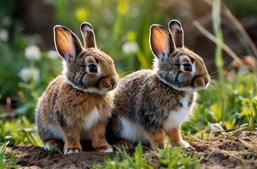 Fototapeta premium Two cute brown rabbits, exploring their natural habitat, showcasing the beauty of the wild.