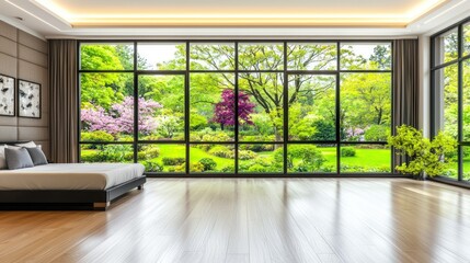 Fototapeta premium Modern room with large windows overlooking a vibrant garden.
