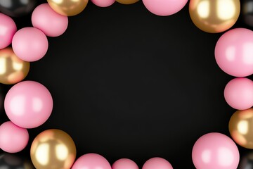 Abstract Frame of Pink, Gold, and Black Balls on a Dark Background