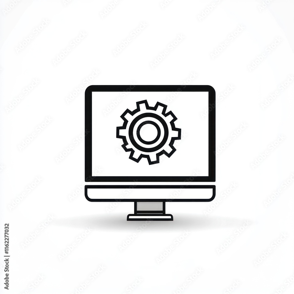 Poster computer screen displaying a gear icon, symbolizing settings, configuration, or technical support.