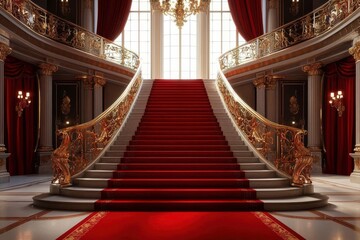 Grand palace staircase adorned with a luxurious red carpet.