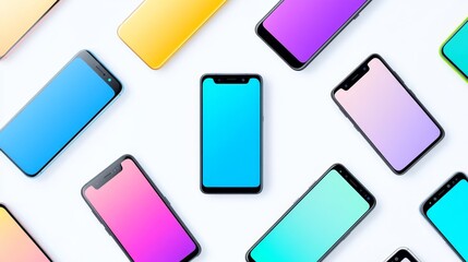 Colorful Mobile Phone Mockups - Flatlay, vibrant colors, technology, mobile devices, screen display.