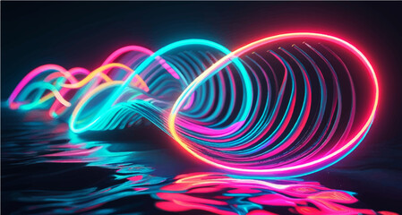 Set of glowing neon color circles round curve shape with wavy dynamic lines