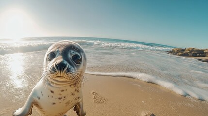 Obraz premium Adorable Seal Pup on Sandy Beach Near Ocean Waves