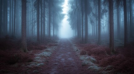 Fototapeta premium Misty Forest Path A Tranquil Winter Scene