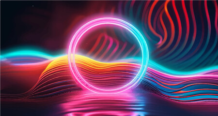 Set of glowing neon color circles round curve shape with wavy dynamic lines