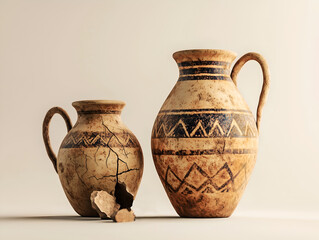 Two Archaeological ancient clay vases different shapes with ornament on the on a white background. Old ceramic vase with cracks and chips. Ancient times. Art and history.
