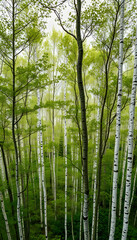 Obraz premium Green forest in summer with a view from above.Spring birch groves with beautiful texture, minimalism, with white tones