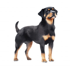 Obraz premium A black and brown dog with a brown spot on its face stands in front of a white b