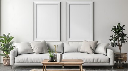 A modern living room featuring a white sofa, blank frames, and decorative plants.
