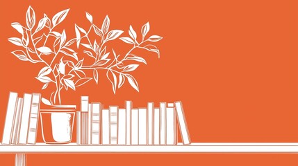 Minimalist White Bookshelf Silhouette with Books and Potted Plant