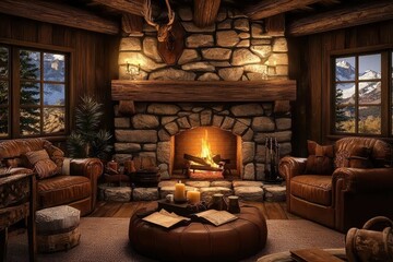 A rustic wild west living room featuring a charming fireplace.
