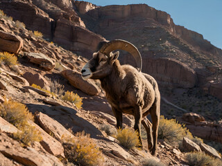 Naklejka premium Bighorn Sheep Scaling Rugged Desert Cliffs: A bighorn sheep navigating steep, rocky desert cliffs under the harsh summer sun, its horns silhouetted against the bright sky.