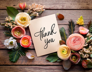 Thank you card with flower bouquet decoration top view on wooden background