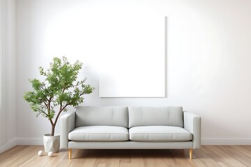 Modern Minimalist Living Room Mockup: A sleek grey sofa sits against a pristine white wall, ready to showcase your artwork or design.
