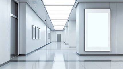 A modern, minimalist hallway with empty frames and a blank display board.