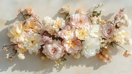 Pastel pink yellow and white flowers on taupe surface with sunlight