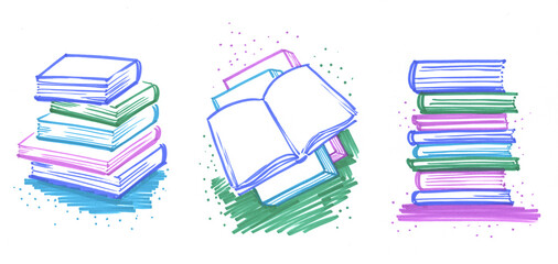 Books, a set of drawings, stickers on a white background. Notebooks, books, graphic illustration with a felt-tip pen. Sketch, book icon, doodle drawing