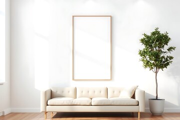 Modern Living Room Mockup: Elegant beige sofa, a tall potted plant, and a large vertical frame ready for your design or artwork. Perfect for showcasing your brand in a stylish and tranquil setting. 